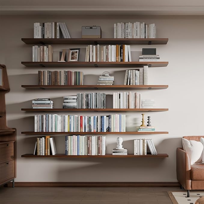 6 Tier Book Shelf, 72 inch Walnut Long Floating Shelf for Wall, Adjustable Large Bookcase, Wall Mounted Bookshelf for Living Room