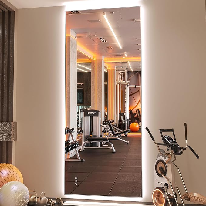 Hasipu 95''x 40'' Home Gym Mirror with Lights Dimmable Anti-Fog Large Full Length Wall Mounted Full Body Mirror for Yoga Dance Fitness Exercise Studio Bedroom Garage, Tempered Glass Workout Mirrors