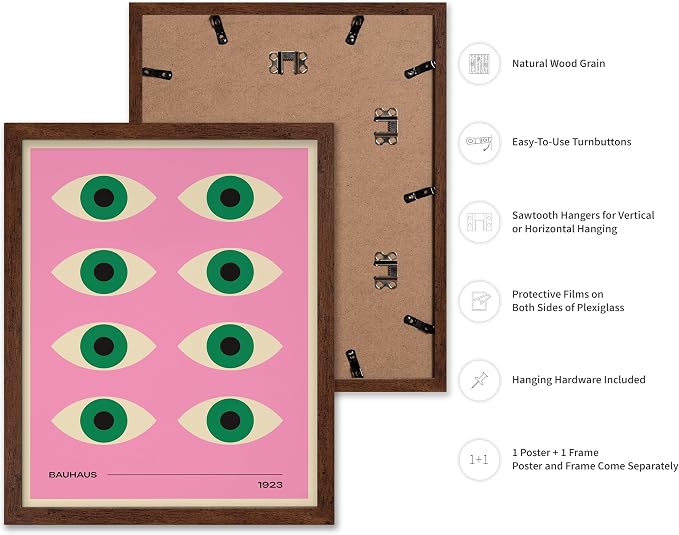 Poster Master Bauhaus Poster - Green Eyes Print - Graphic Design Art - Geometric Art - Chic Boho Art - Mid Century Modern Art - Abstract Art - Living Room or Bedroom Decor - 16x20 Brown Framed