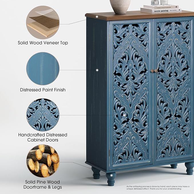 JOINICE 47" Tall Accent Cabinet with Doors and Shelves, Storage Cabinet with Solid Wood Legs for Living Room,Entryway,Dining Room,Bedroom(Blue & Walnut)