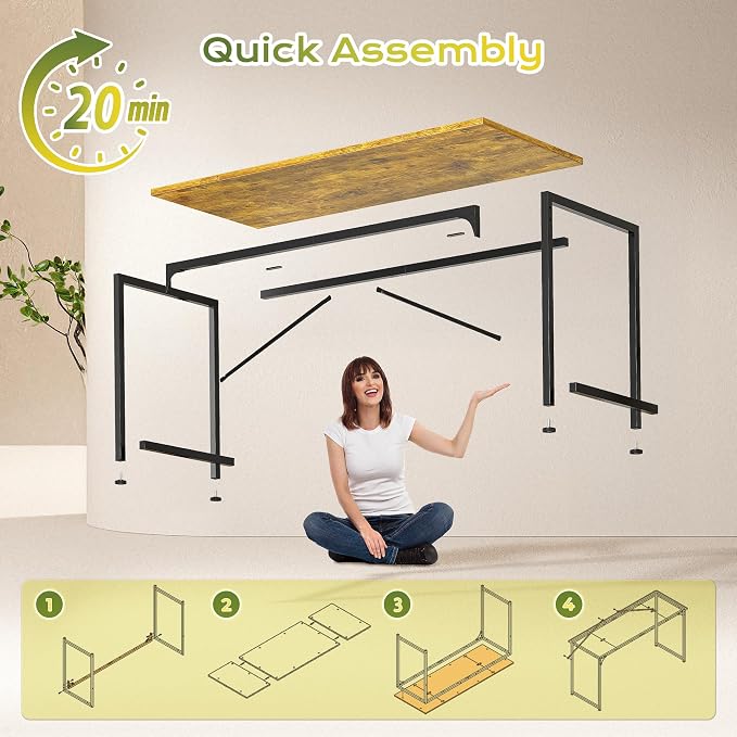 PRAISUN 55 Inch Computer Desk, Home Office Desk with Spacious Desktop, Modern Gaming Desk, Writing Study Table for Bedroom, Small Spaces, Work from Home Desk with Metal Frame, Retro Brown