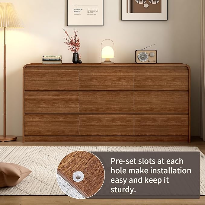 Modern 9 Drawer Dresser, 63-Inch Wood Chest of Drawers, Curved Anti-Collision Design, Mid-Century Storage Cabinet, Pre-Embedded Slots, Natural Texture, for Bedroom, Living Room, TV Stand