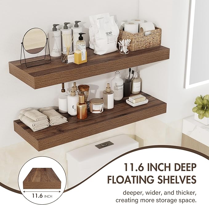 36 Inch Floating Shelves, 12" Deep Floating Shelf Wall Mounted, 36" Wall Shelves, Rustic Deep Bookshelf, Extra Deeper & Thicker Display Shelves for Bedroom, Living Room, Walnut, Set of 2