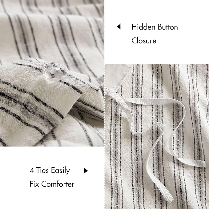 Madison Park Duvet Cover Set for Hot Sleepers - Linen Cotton Rayon Blend, Queen Size 3 Piece Set with Shams - Lightweight & Breathable Bedding, Grey Striped Design