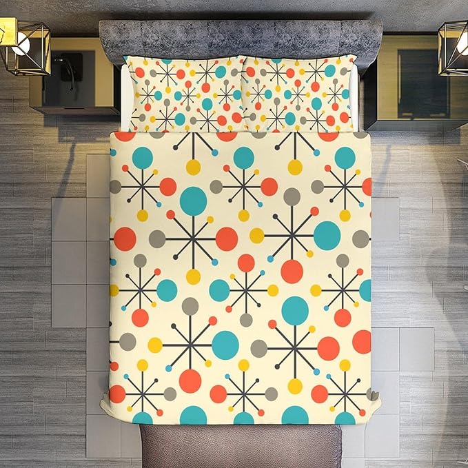 Mid Century Duvet Cover Sets Aesthetic Abstract Geometric Mid Century Retro Printed Lightweight Soft Quilt Cover Minimalist Soft Microfiber 3 Piece (1 Duvet Cover 90x102in + 2 Pillow Sham 20x30in)
