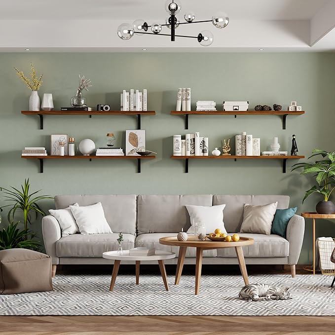 12x48 Inch Rustic Wood Floating Shelves 4-Pack - Farmhouse Walnut Wall Shelves with 100 lbs Capacity, Easy Installation for Living Room, Kitchen, Bathroom