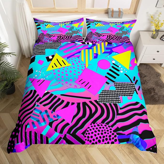 Retro 80s 90s Bedding Set Twin,Abstract Geometric Duvet Cover Urban Modern Circles And Triangle Comforter Cover Colorful Pop Art Inspired Pattern Quilt Cover Mens Hipster Hip-Hop Room Decor