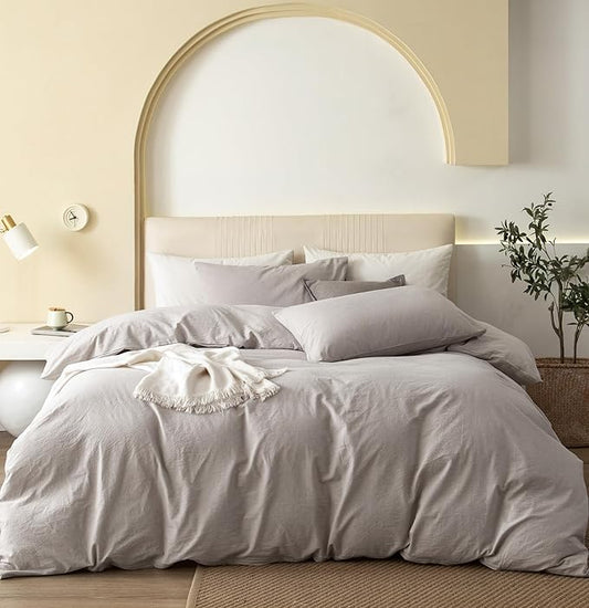 JIYUAN 100% Washed Cotton Duvet Cover Set 3 Pieces Queen, 1 Duvet Cover 90x90 Inches(Comforter Not Included) and 2 Pillowcases,Linen Feel Bedding Set Comfy and Breathable, Heathered Cream Grey