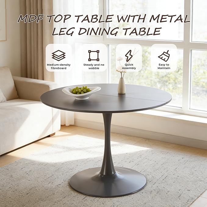 42 Inch Grey Round Tulip Table, Mid-Century Modern Tulip Kitchen Dining Table with Pedestal Base for Small Spaces, Cafe & Office