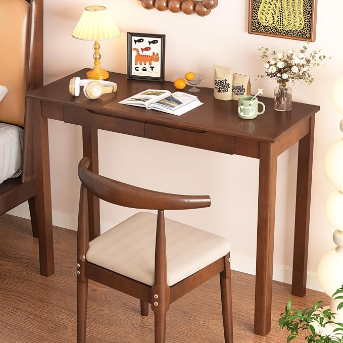 100% Solid Wooden Desk with Drawers - 39 x 16 Inch Mid Century Narrow Desk, Vintage Writing Desks with Drawers, Simple Work Study Table, Small Desks for Small Spaces, Walnut Color
