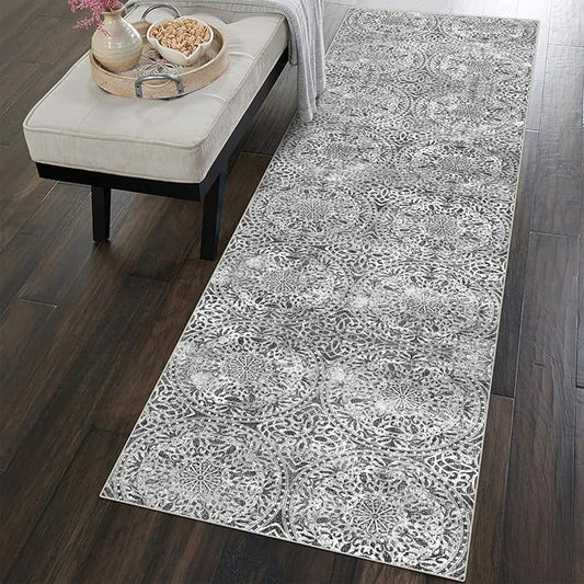 vivorug Runner Rug 2'x7' Machine Washable Non-Slip Runners for Hallways Kitchen Entryway Laundry Room Vintage Medallion Carpet Hallway Runner Grey