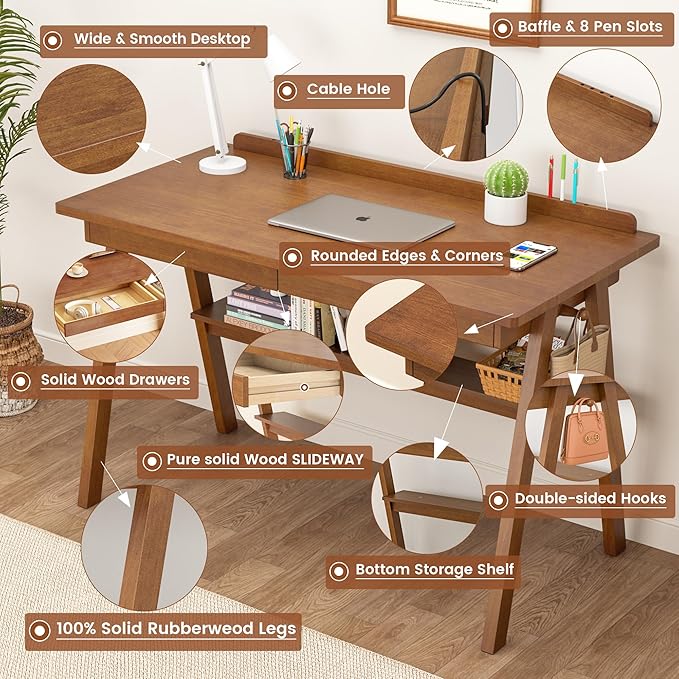 100% Solid Wood Desk with Drawers & Storage Shelf - 48 x 24 Inch Mid Century Modern Desks, Vintage Writing Desk with Deeper Desktop, Home Office Computer Desks for Bedroom & Home-Walnut Color