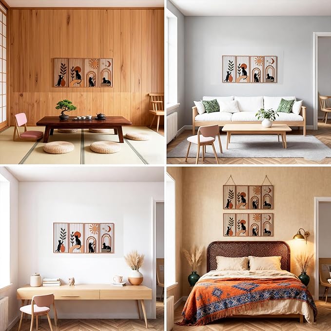 SHENGTIAN 4 Piece Unique Wall Art Set, Aesthetic Cat Art - Geometric Boho Wood Art, Black/Funny Cat Prints, Mid Century Modern Style, for Farmhouse/Office/Bedroom/Living Room, Narrow Vertical Design
