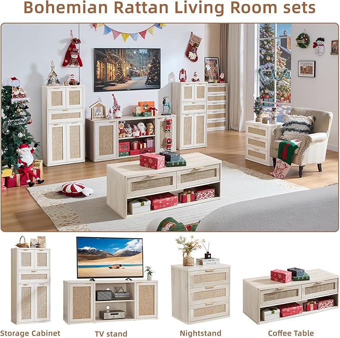 LEYAOYAO 48" Tall Storage Cabinet Set of 2,Rattan Bathroom Floor Cabinets with 2 Doors & 1Drawer,Boho Kitchen Pantry with Adjustable Shelves,Wooden Cupboard for Living Room,Home Office,White Cream Oak
