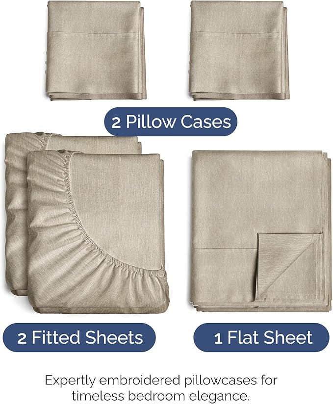 Split King Size 5 Piece Sheet Set - Comfy Breathable & Cooling Sheets - Hotel Luxury Bed Sheets for Women & Men - Deep Pockets, Easy-Fit, Soft & Wrinkle Free Sheets - Heathered Beige Oeko-Tex Sheets