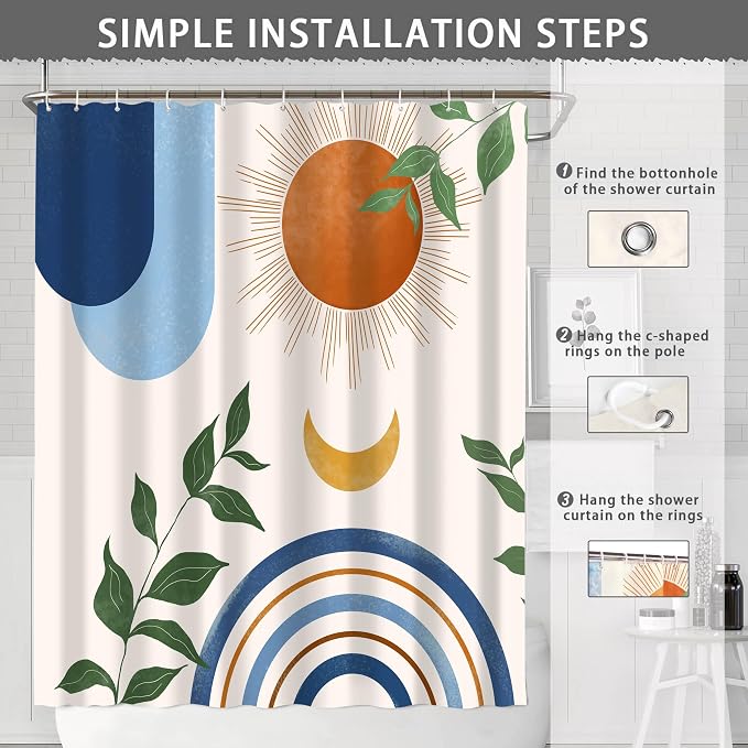 Mid Century Abstract Boho Aesthetic Shower Curtain Set, Blue Nature Leaf Sun Modern Minimalist Home Bathroom Curtain Decor with 12 Hooks 84 Inch Wide * 72 Inch High
