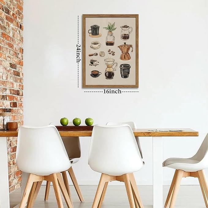 Framed Vintage Coffee Canvas Wall Art, Funky Espresso Coffee Tools Poster Prints, Modern Farmhouse Aesthetic Painting, Retro Kitchen Cafe Living Room Wall Decor for Coffee Lovers, 16x24in