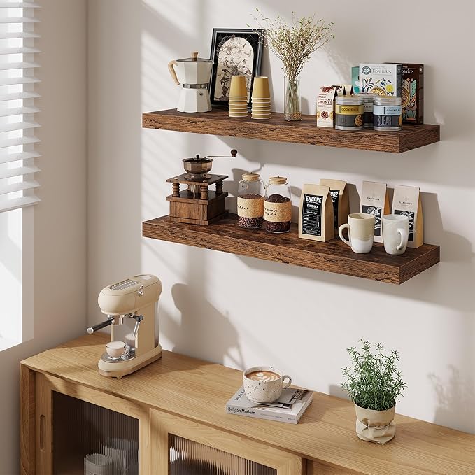 Fun Memories Floating Shelves for Wall 36 Inches, Wood Shelves with Invisible Bracket, 10" Deep Shelves Wall Mounted, Large Floating Shelves for Living Room Bathroom, Rustic Brown, Set of 2
