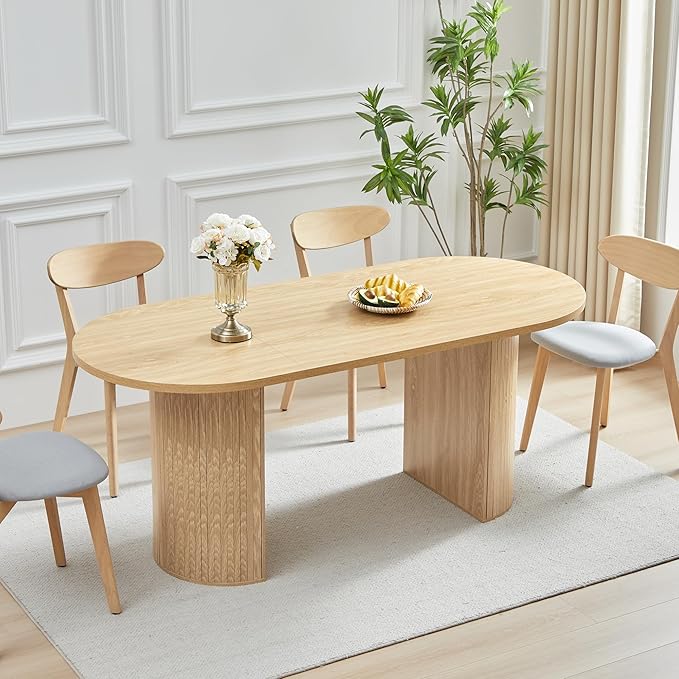 70.8 Inch Dining Table for 4-6 People, Oval Kitchen Table with Semi-Cylindrical Legs Base, Modern Farmhouse Round Dinner Tables for Dining Room Kitchen Living Room (Natural)