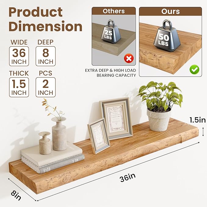 Extra Deep 36" Long Live Edge Rustic Floating Shelves for Wall, Solid Wood Wall Shelves with Invisible Bracket Mount for Living Room Bathroom Bedroom Kitchen, Set of 2, Natural