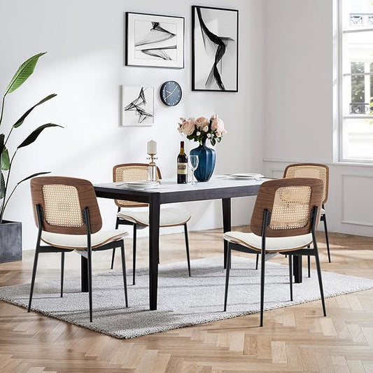 LUNLING Dining Chairs Set of 4 Mid Century Modern Retro White Faux Leather Kitchen Chairs with Walnut Bentwood Upholstered Seat Metal Legs Chair Adjustable Foot for Kitchen Dining Room