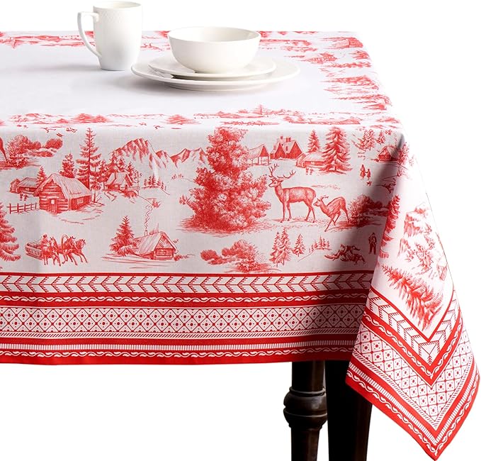 Maison d' Hermine Table Cloth Rectangle Table 100% Cotton 60 x 90 Inches Fall Tablecloth Reusable Everyday Use for Thanksgiving Christmas Decorations Dining Farmhouse Party (Winter Jouy)