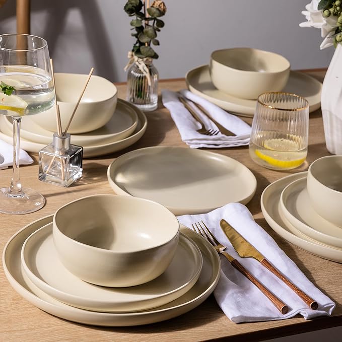 AmorArc Ceramic Dinnerware Sets, Wavy Rim Stoneware Plates and Bowls Sets,Dishwasher & Microwave & Oven Safe Dishes set, Service for 4 (12pc)