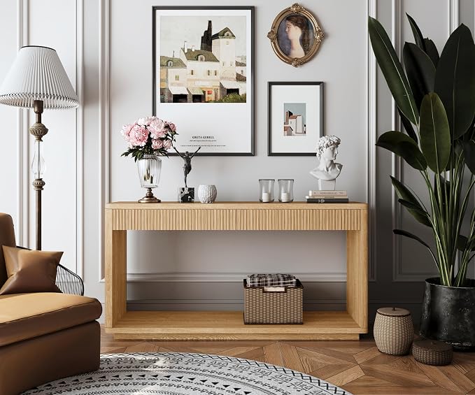 Wood Console Table, 59.8" Retro Long Sofa Table Behind Couch with 2 Fluted Drawers, Farmhouse Wooden Narrow Sofa Table Hall Table for Living Room Foyer Entrance Entryway, Natural