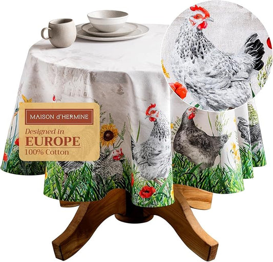 Maison d' Hermine Table Cloth Round Table 100% Cotton 69 Round Inches Tablecloth Reusable Decorative for Dining Room Farmhouse Home Valentines Day Decorations Spring Summer - Basse Cour
