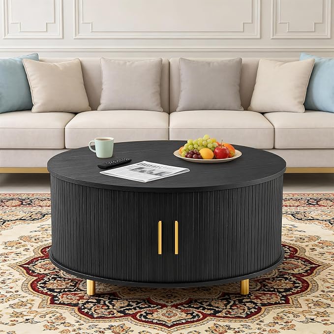 DHH Round Coffee Table, 31.5" Mid Century Modern Coffee Table with 360° Sliding Tambour Door, Fluted Accent Coffee Table with Storage Adjustable Footpads for Living Room, Black