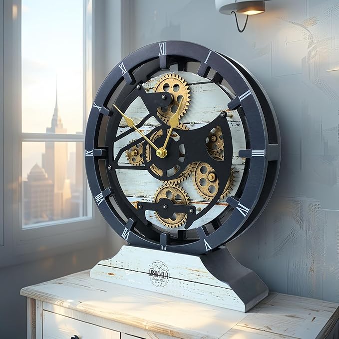 ImprovingLife The Gears Clock Desk Clock 10 inches with Real Moving Gears Convertible into Wall Clock (Desert Beige)