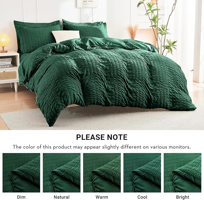 HYMOKEGE Emerald Green King Size Comforter Set Seersucker 7 Pieces, All Season Luxury Bed in a Bag for Bedroom, Bedding Set with Comforter, Sheets, Pillowcases & Shams