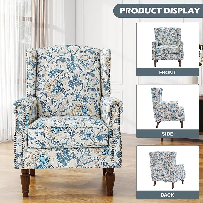 High Back Accent Chairs Set of 2, Floral Wingback Chair Fabric Upholstered Armchair for Living Room, Nailhead Trim Single Sofa Bedroom Reading Seat - Boho Blue
