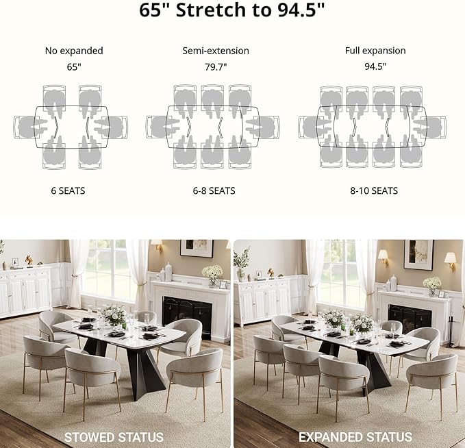 Extendable Dining Table with Leaf, 65"-95" Rectangular Sintered Stone, Marble-Look Top, Seats 6-12, Metal Base, Easy-Clean, Heat & Scratch Resistant, Dining Room/Kitchen Table for Family Gatherings