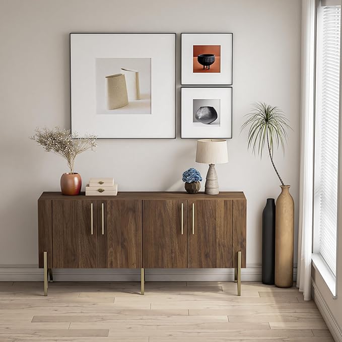 roomfitters Walnut Mid Century Modern TV Stand for TVs up to 65", Sideboard Buffet Cabinet for Living Room, Walnut Entertainment Center with Doors, Credenza Media Console with Storage, Gold Legs…