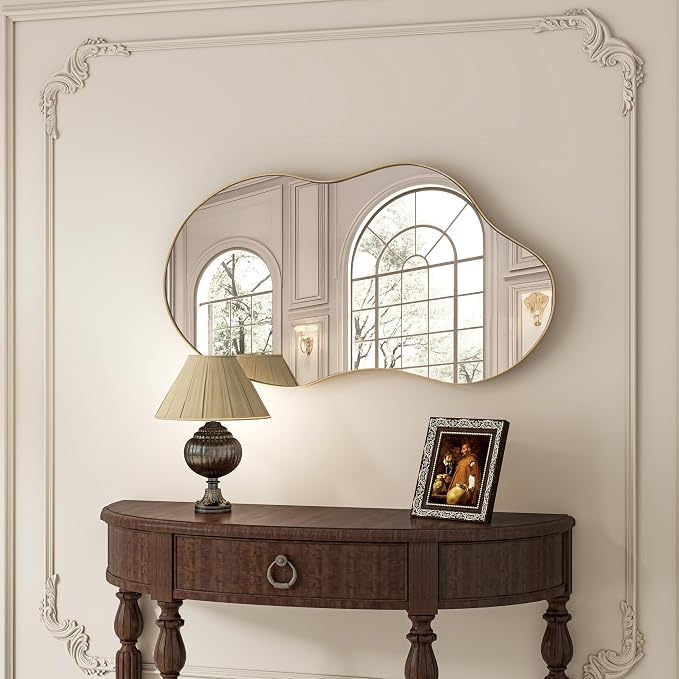 SHYFOY Irregular Wall Mirror Decorative, 20"x32" Antique-Gold Mirror for Wall Decor Wavy Accent Mirrors Asymmetrical for Living Room Bathroom Bedroom Entryway, Abstract Irregular Shape Curvy Mirror