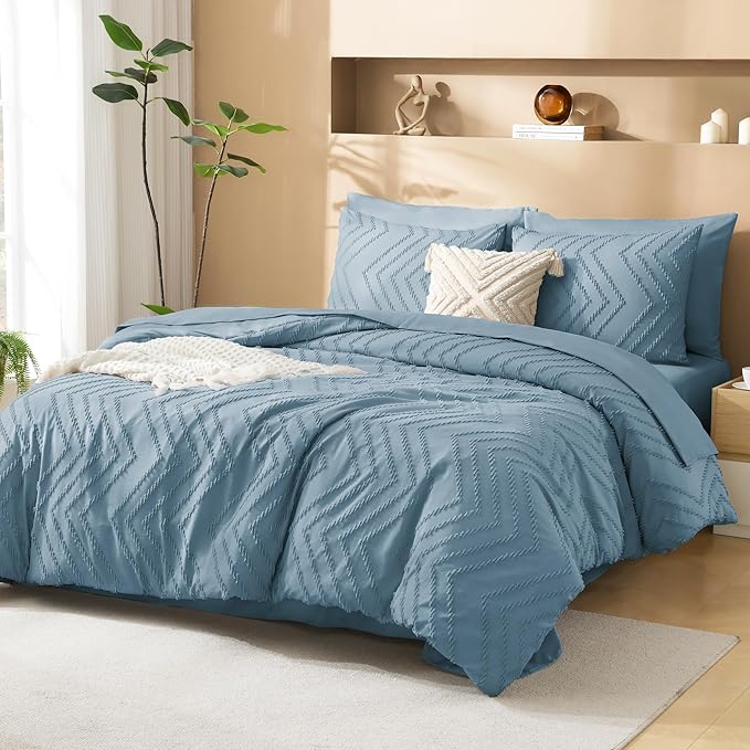 Litanika Super King Plus Size Comforter Set with Sheets Grayish Blue - 7 Pieces Bed in a Bag Oversized King Boho Tufted Complete Bedding Sets with Comforter, Sheets, Pillowcases & Shams
