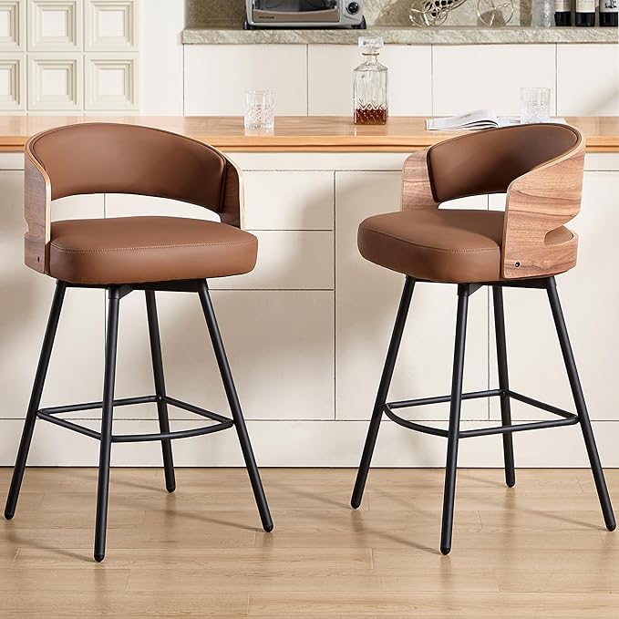 Swivel Bar Stools Set of 2, 26" Counter Height Bentwood Barstool, Upholstered Faux Leather Barstools with Walnut Back, Mid Century Modern Bar Chairs for Kitchen Island, Bar