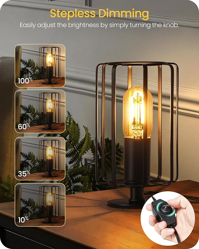 Industrial Small Table Lamp, Small Bedside Lamp with Dimmable 2400K Warm Light LED Bulb, Vintage Desk Lamp, Black Nightstand Lamp for Bedroom, Study, Office, Small Space, B05TL05