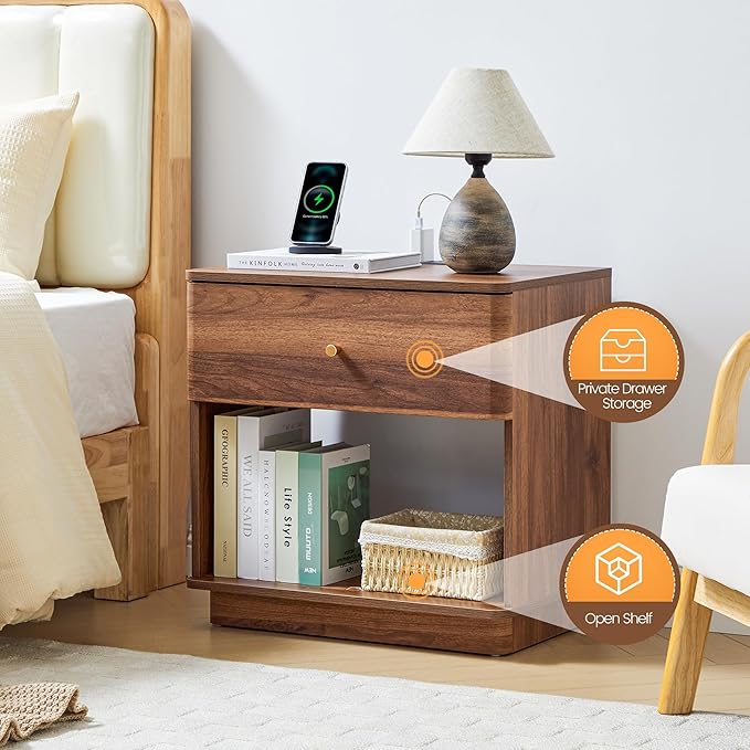 Narrow Nightstand Set of 2, Wooden Small 2 Drawer Nightstand, Slim Side End Table, Skinny Bedside Table, Mid Century Modern Night Stand with Drawers, for Living Room (Walnut-Charging Station-1 pc)