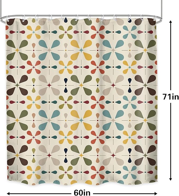 LGhtyro Boho Mid Century Shower Curtain Bathroom Set 60Wx71H Inches Modern Abstract Bohemian Geometric Colourful Retro Vintage Bath Accessories Water Drop Art Home Decor Fabric 12 Pack Hooks