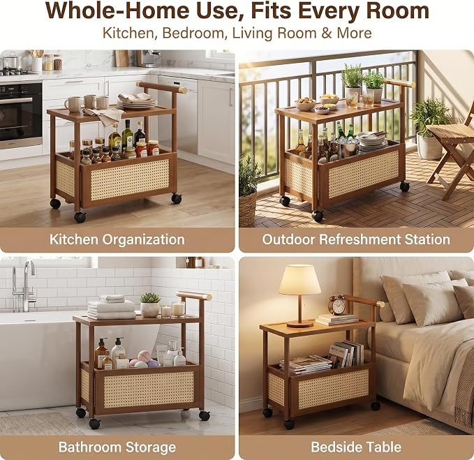 CTESNE【2-Tier Wooden Storage Organizer Shelf】 Bookcase with Wheels & Handle,Storage Shelves for Bathroom, Kitchen, Office, Craft, Makeup