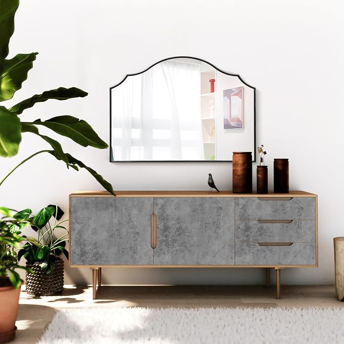 Besdomus Scalloped Arched Mirror for Mantel: 35"x26" Black Modern Wooden Wall Mirror - Minimalist Decorative Dresser for Vanity/Bathroom/Bedroom/Fireplace/Living Room/Entryway - Stylish Home Decor