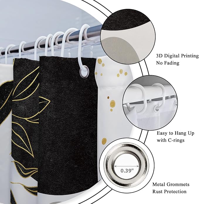 Riyidecor Black Gold Mid Century Modern Shower Curtain for Bathroom Decor 72Wx72H Boho Abstract Gold Leaves Minimalist Geometric Arch Sun Art Printed Fabric Polyester Waterproof 12 Pack Plastic Hooks