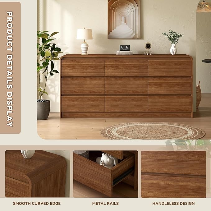 9 Drawer Dresser For Bedroom 63 Inch Wood Chest of Drawers - Curved Anti Collision, Mid Century Dresser For Closet with Natural Texture & Pre-Embedded Slots for TV Stand, Living Room, Nursery