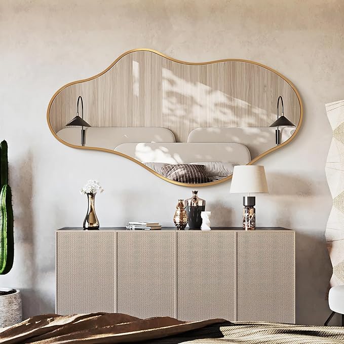 Bathroom Mirrors for Over Sink - Long Wall Mirrors Decorative 20"x 36" Asymmetrical Abstract Aviation Aluminum Alloy Frame Unique for Bedroom, Living Room, Cloakroom, Entryway Gold