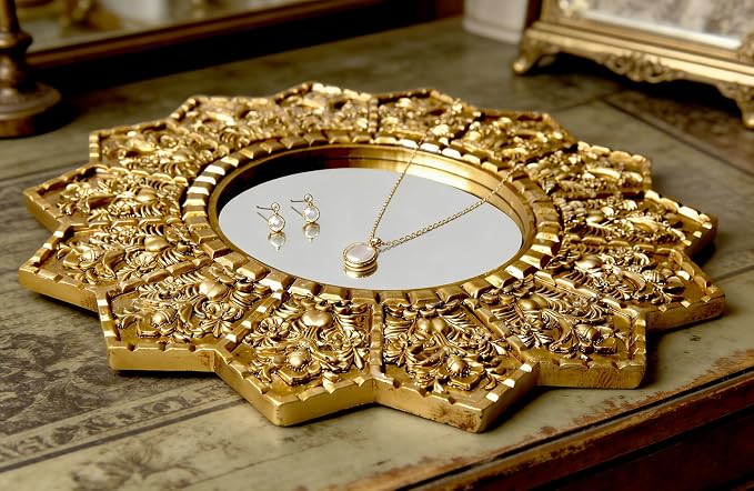 Vintage Gold Round Sunburst Mirror,with Exquisite Relief Elegant Wall Decor,Resin Decorative Mirrors Suitable for Gallery Living Rooms(Gold 12")