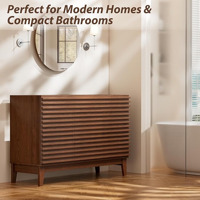 APRILSOUL 48" Bathroom Vanity, Mid-Century Bathroom Vanity Cabinet with 2 Soft Closing Doors, Freestanding Bathroom Cabinet, Particleboard Frame with Wood Grain Laminate, Walnut (Sink Not Included)