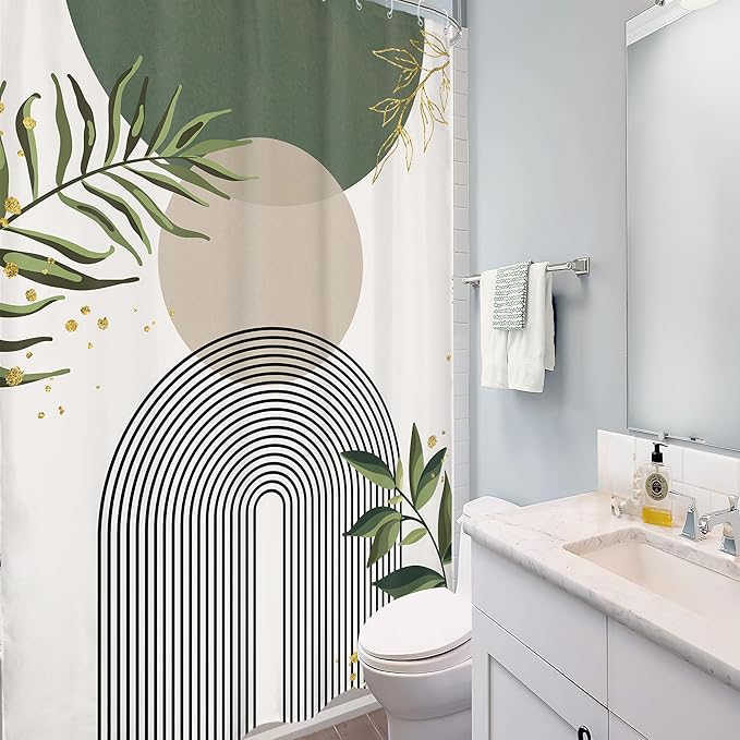 Stall Small Boho Shower Curtain 48Wx72H Rv Sage Green Modern Bohemian Abstract Leaves Mid Century Plant Half Narrow Bathroom Decor Minimalist Geometric Bath Curtain Fabric Polyester 8 Pack Hook