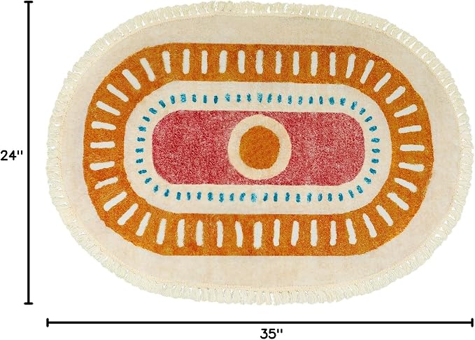 Lukinbox Boho Bathroom Rugs with Fringes, 2x3 Small Oval Washable Sun Area Rug for Bedroom, Ultra Soft Non-Slip Rainbow Throw Rug for Kids Room Nursery Entryway Kitchen